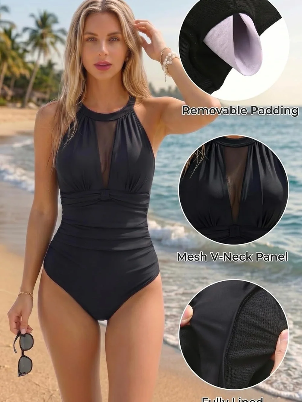 Tempt Me High Neck Plunge Mesh Ruched One Piece Swimsuit